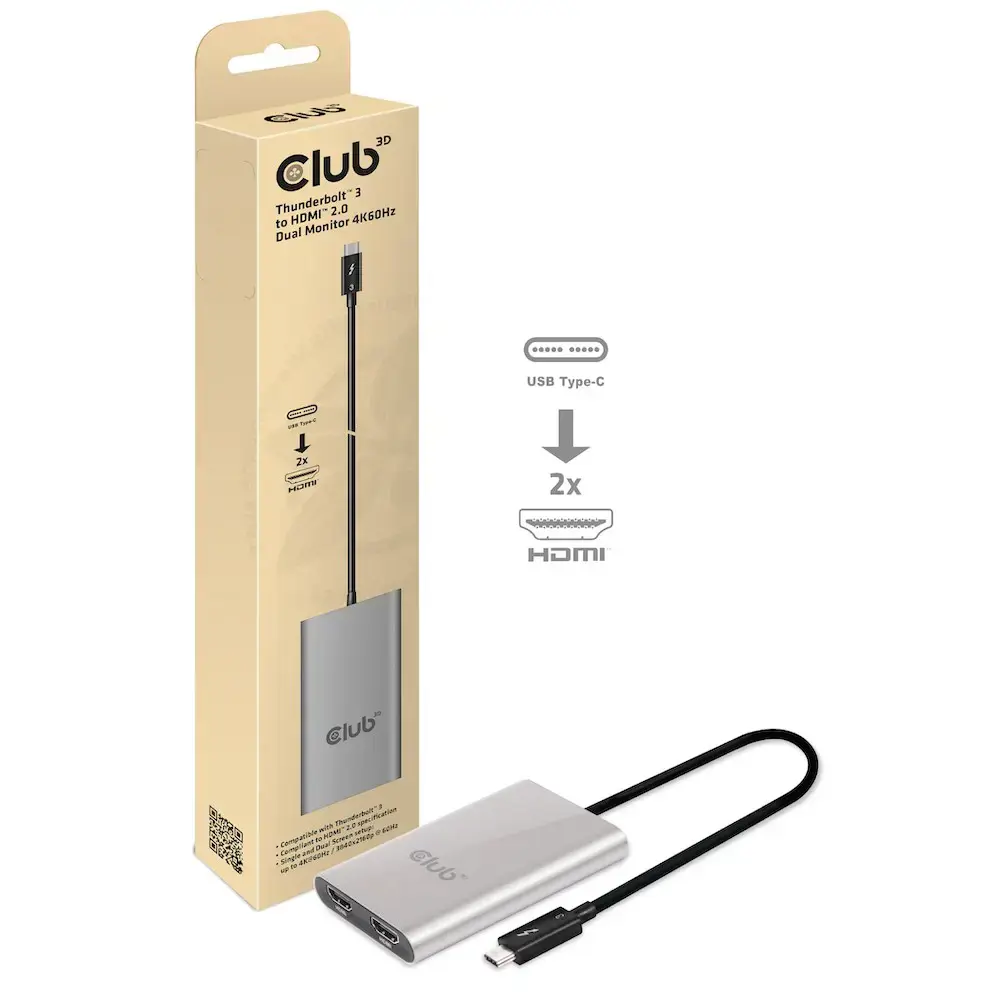 CLUB3D Thunderbolt 3 to Dual HDMI 2.0 Adapter, 2x HDMI, HDMI 2.0, 3840 x 2160 pixels, Grey, Silver, 60 Hz, 0.27 m