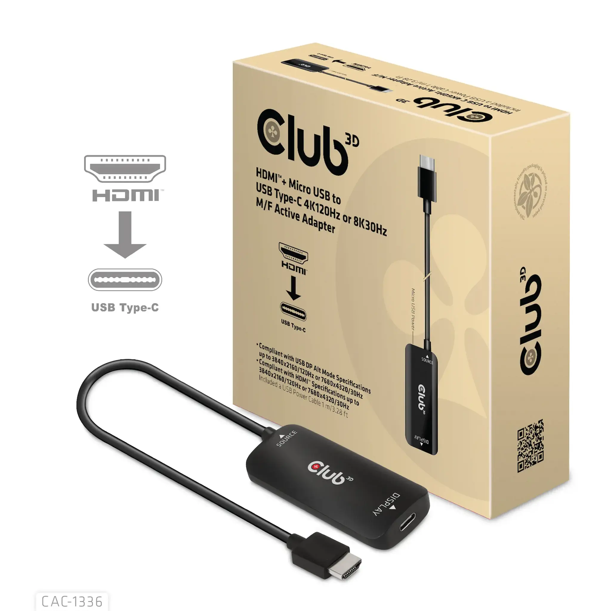 CLUB3D HDMI + Micro USB to USB Type-C 4K120Hz or 8K30Hz M/F Active Adapter, 1 m, HDMI + USB, USB Type-C, Male, Female, Straight
