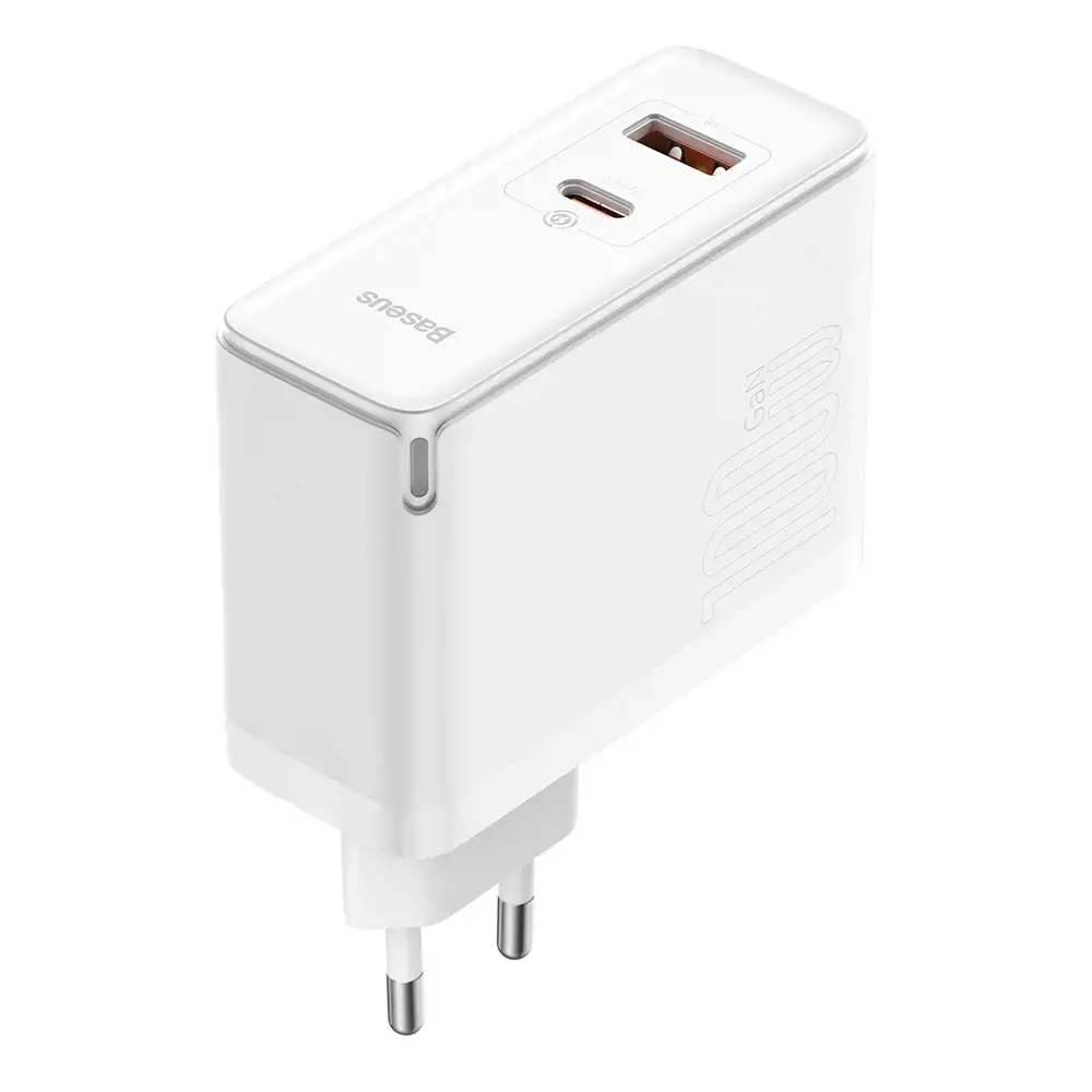 "Baseus GaN5 Pro" sieninis įkroviklis USB-C + USB, 100 W + 1 m kabelis (baltas)