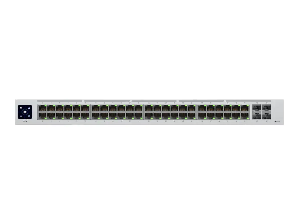 "UniFi Switch 48" yra visiškai valdomas 2 lygmens komutatorius su 48 Gigabit Ethernet prievadais ir 4 1G SFP prievadais šviesolaidiniam ryšiui.