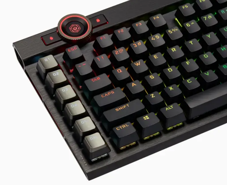 CORSAIR K100 RGB optinė mechaninė žaidimų klaviatūra su RGB LED apšvietimu CORSAIR OPX RAPIDFIRE juoda PBT klaviatūra