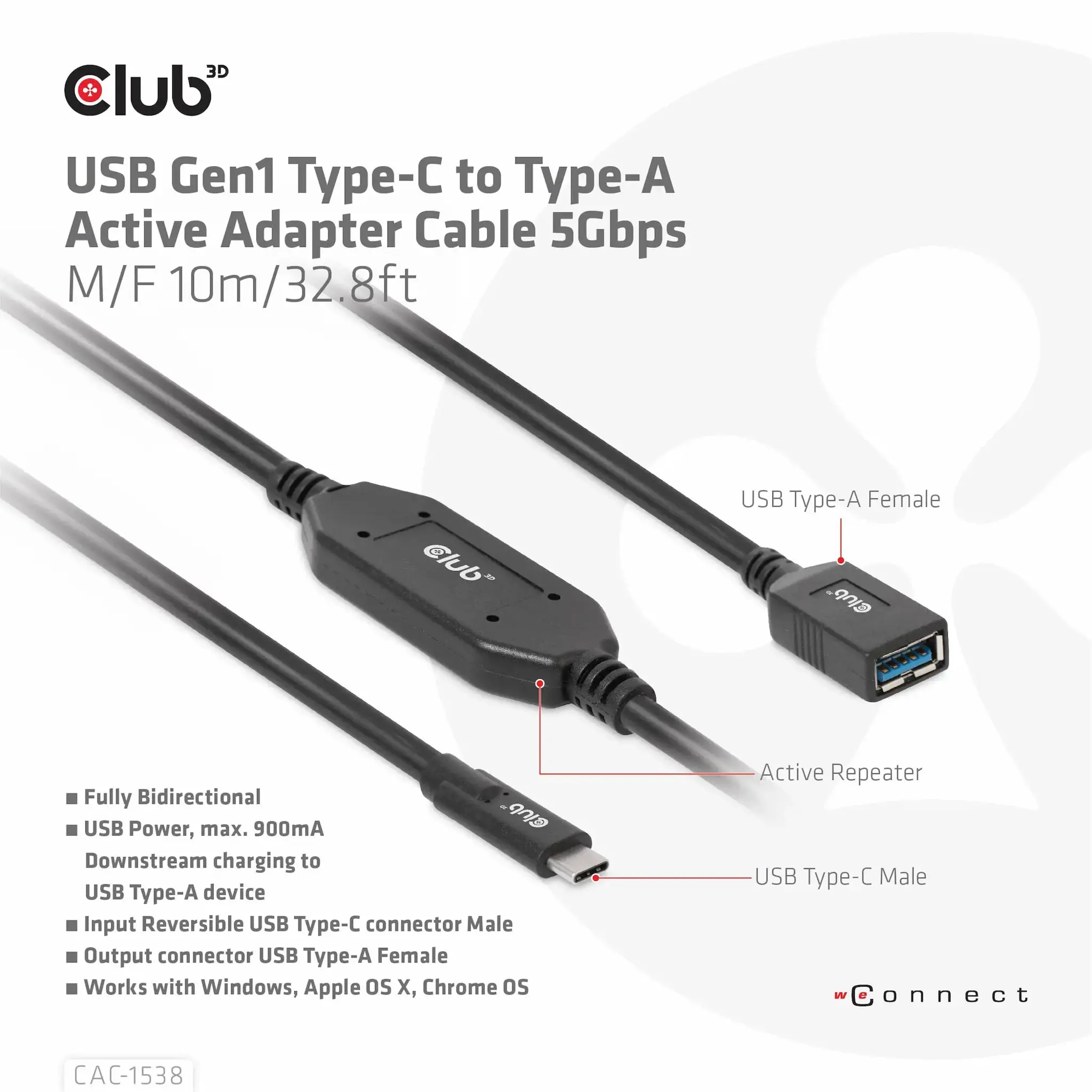 CLUB3D USB Gen1 Type-C to Type-A Active Adapter Cable 5Gbps M/F 10m/32.8ft, 10 m, USB C, USB A, USB 3.2 Gen 1 (3.1 Gen 1), 5000 Mbit/s, Black