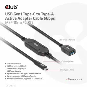 CLUB3D USB Gen1 Type-C to Type-A Active Adapter Cable 5Gbps M/F 10m/32.8ft, 10 m, USB C, USB A, USB 3.2 Gen 1 (3.1 Gen 1), 5000 Mbit/s, Black