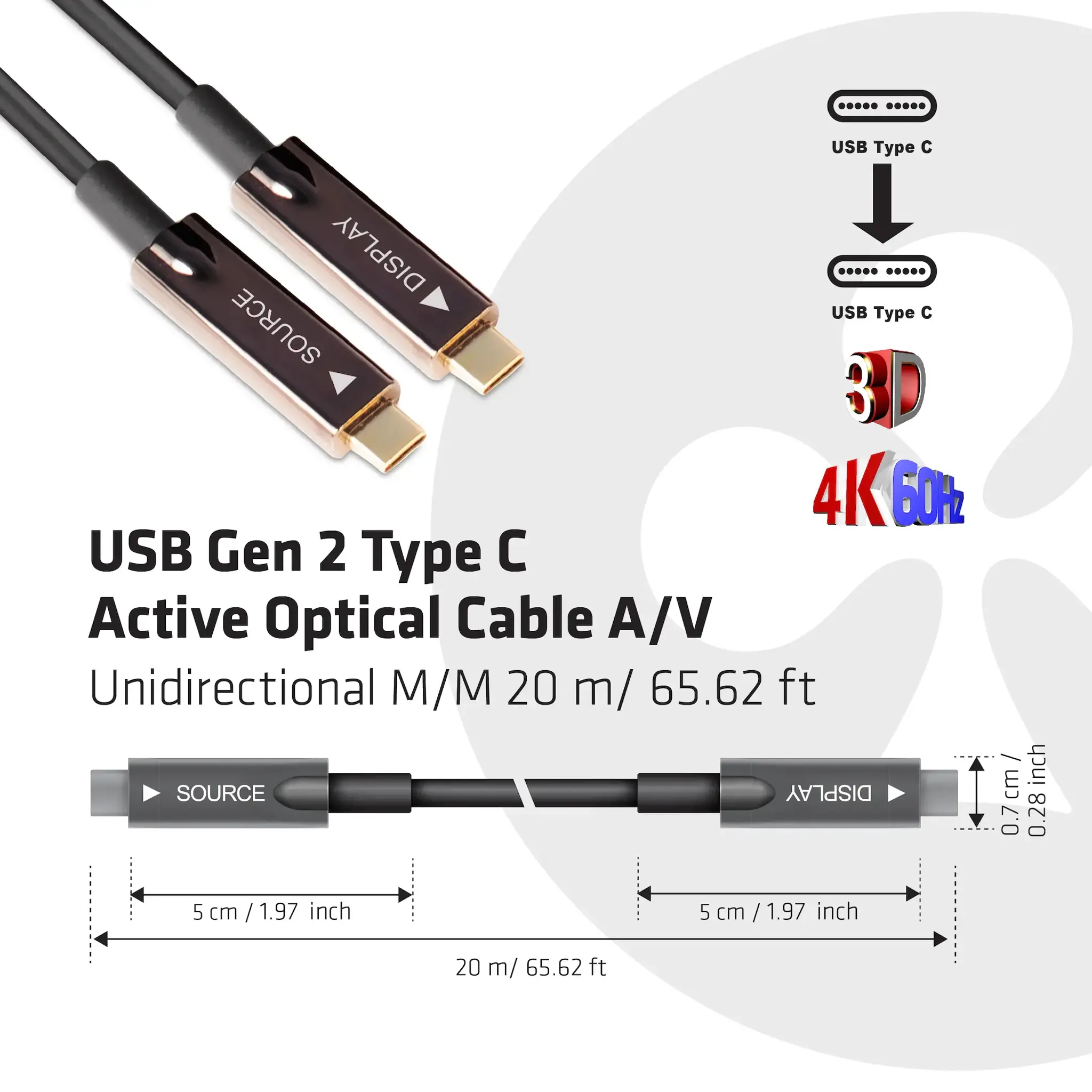 CLUB3D USB Gen 2 Type C Active Optical Cable A/V Unidirectional M/M 20 m/ 65.62 ft, 20 m, USB C, USB C, USB 3.2 Gen 2 (3.1 Gen 2), Black