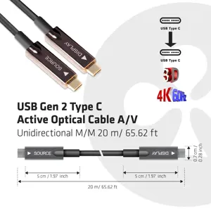 CLUB3D USB Gen 2 Type C Active Optical Cable A/V Unidirectional M/M 20 m/ 65.62 ft, 20 m, USB C, USB C, USB 3.2 Gen 2 (3.1 Gen 2), Black