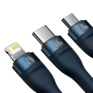USB "3-in-1" laidas "Baseus Flash Series", USB-C + "micro USB" + "Lightning", 66 W, 1,2 m (mėlynas)