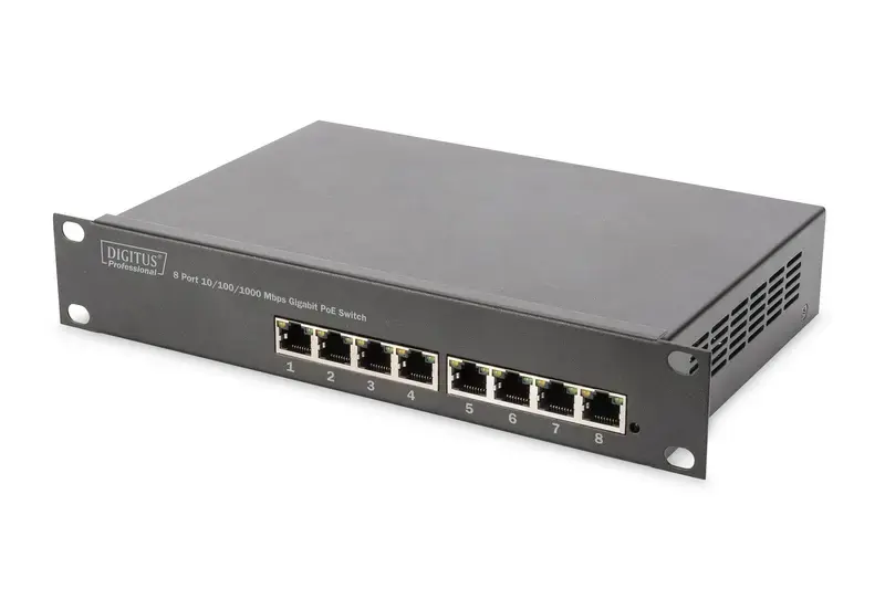 DIGITUS 10 colių 8 prievadų Gigabit Ethernet PoE komutatorius 8 x 10/100/1000Mbps RJ45 PoE 96W su 10 colių laikikliais