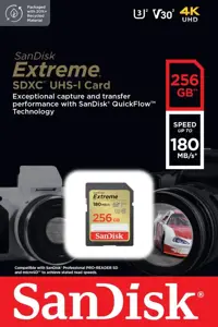 "SanDisk Extreme" 256 GB SDXC atminties kortelė + 1 metų "RescuePRO Deluxe" iki 180MB/s ir 130MB/s skaitymo/rašymo greitis, UHS-I, 10 klasė, U3, V30; EAN:619659188948