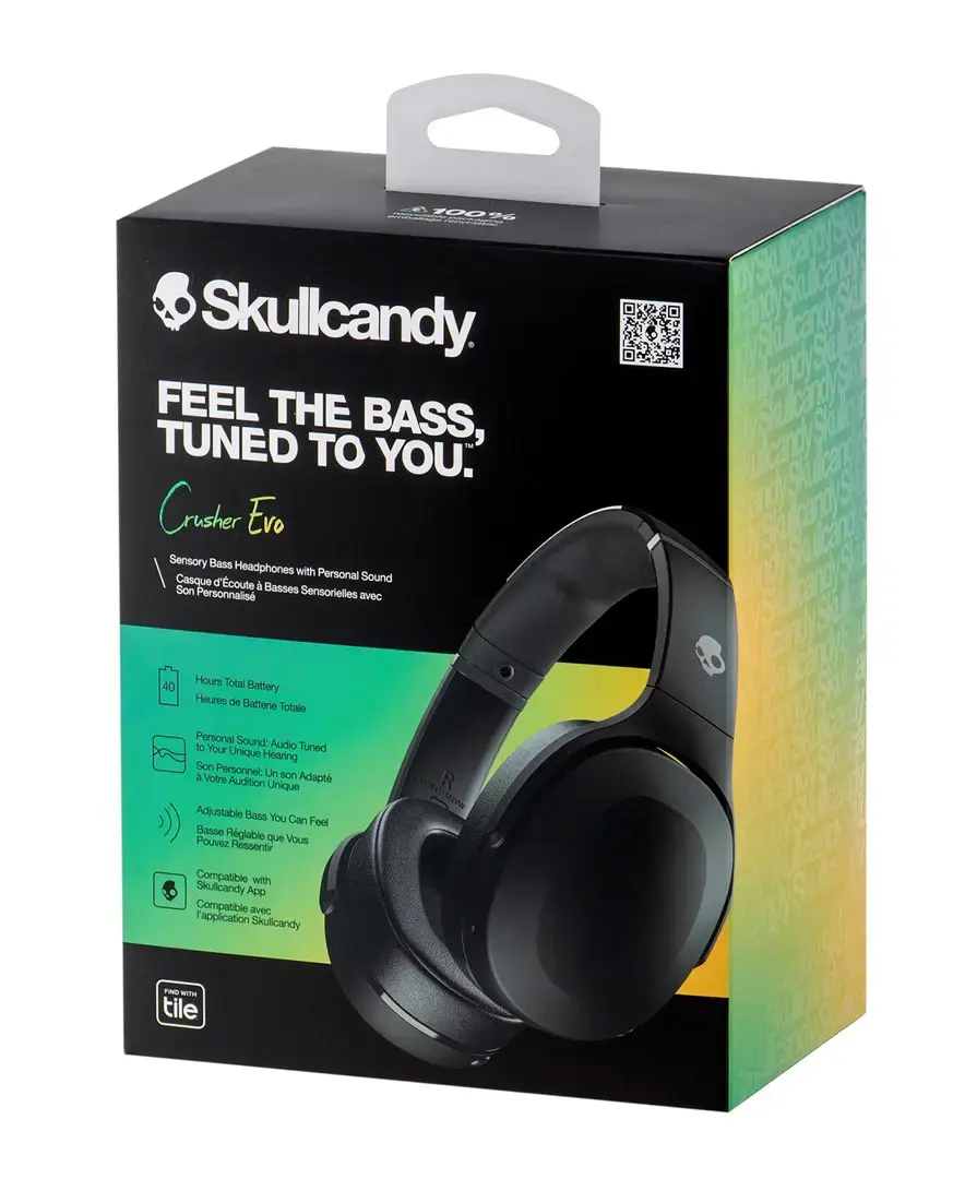 "Skullcandy" belaidės ausinės "Crusher Evo" su ausinėmis, galvos juosta, mikrofonu, tikra juoda spalva