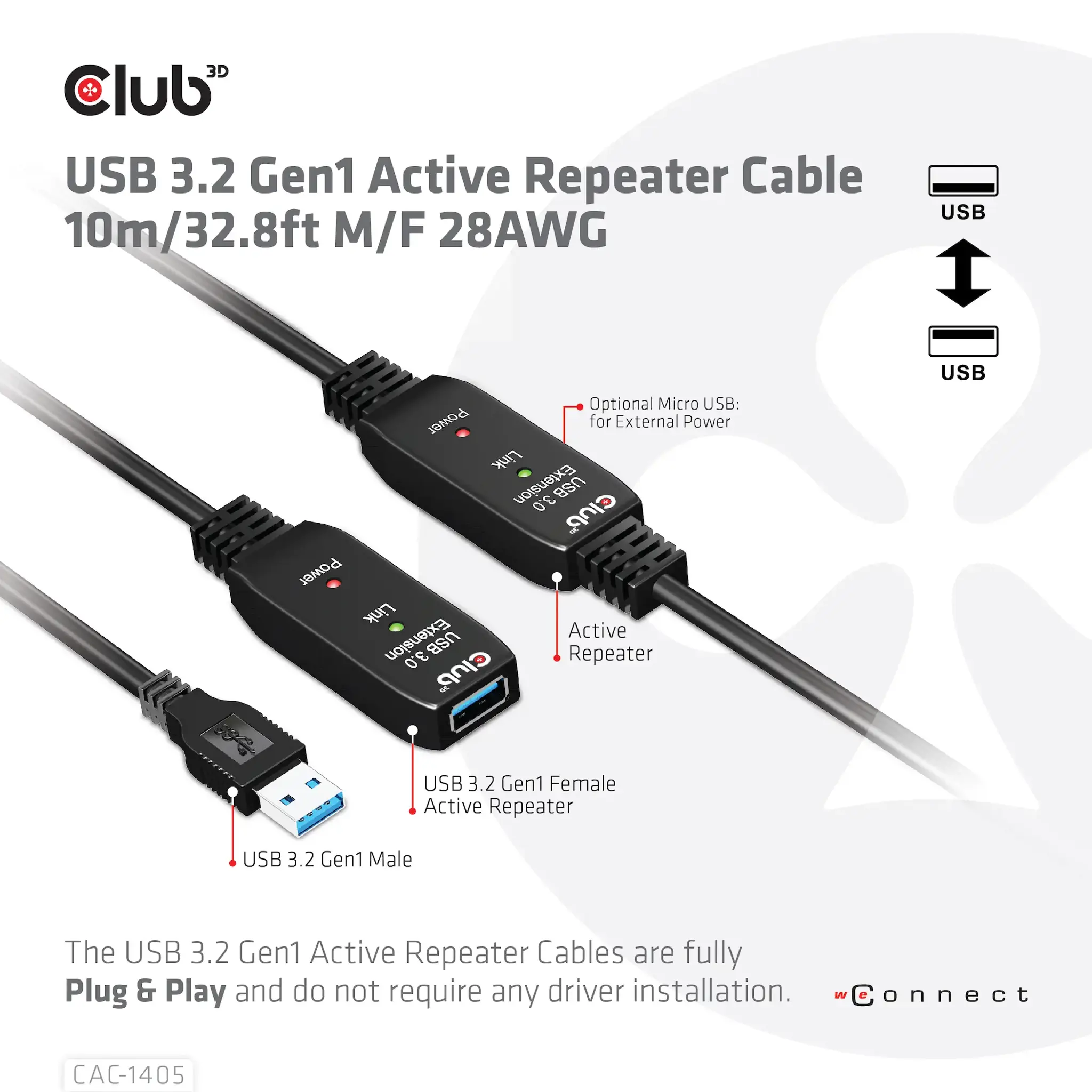 CLUB3D USB 3.2 Gen1 Active Repeater Cable 10m / 32.8ft M/F 28AWG, 10 m, USB A, USB A, USB 3.2 Gen 2 (3.1 Gen 2), Black