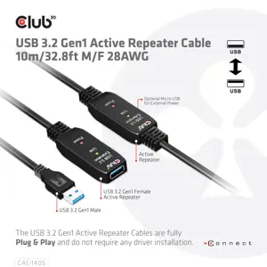 CLUB3D USB 3.2 Gen1 Active Repeater Cable 10m / 32.8ft M/F 28AWG, 10 m, USB A, USB A, USB 3.2 Gen 2 (3.1 Gen 2), Black