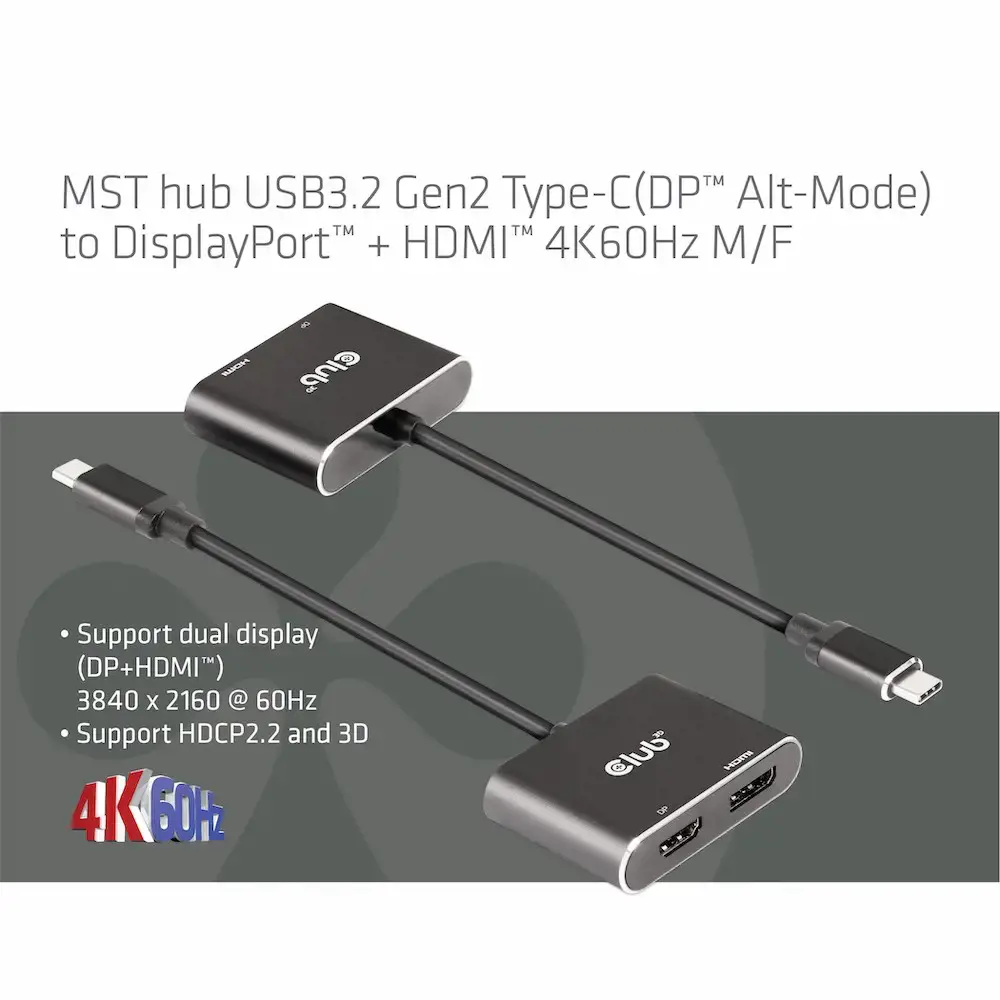 CLUB3D MST hub USB3.2 Gen2 Type-C(DP Alt-Mode) to DisplayPort + HDMI 4K60Hz M/F, 3840 x 2160, 2160p, Black, Box, Windows 10, 62 mm