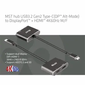 CLUB3D MST hub USB3.2 Gen2 Type-C(DP Alt-Mode) to DisplayPort + HDMI 4K60Hz M/F, 3840 x 2160, 2160p, Black, Box, Windows 10, 62 mm