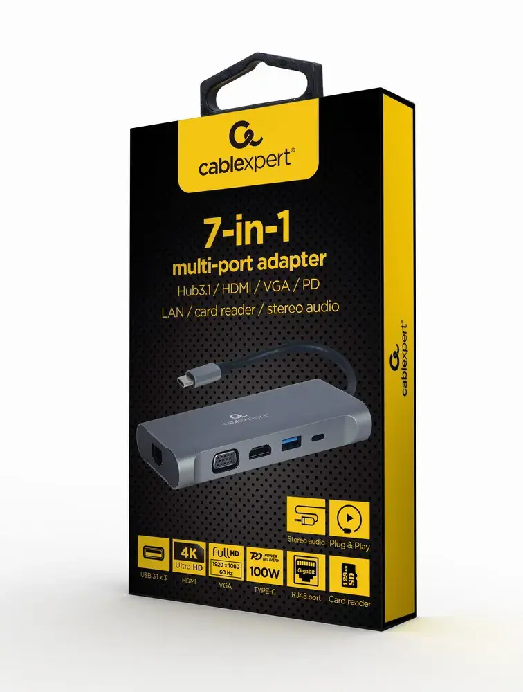 GEMBIRD A-CM-COMBO7-01 kelių prievadų adapteris USB C tipo Hub3.0 HDMI VGA PD kortelių skaitytuvas stereofoninis garsas erdvinis pilkas