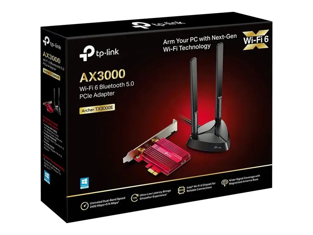 TP-Link Archer TX3000E, vidinis, belaidis, PCI Express, WLAN / Bluetooth, 2402 Mbps, juodas, raudonas