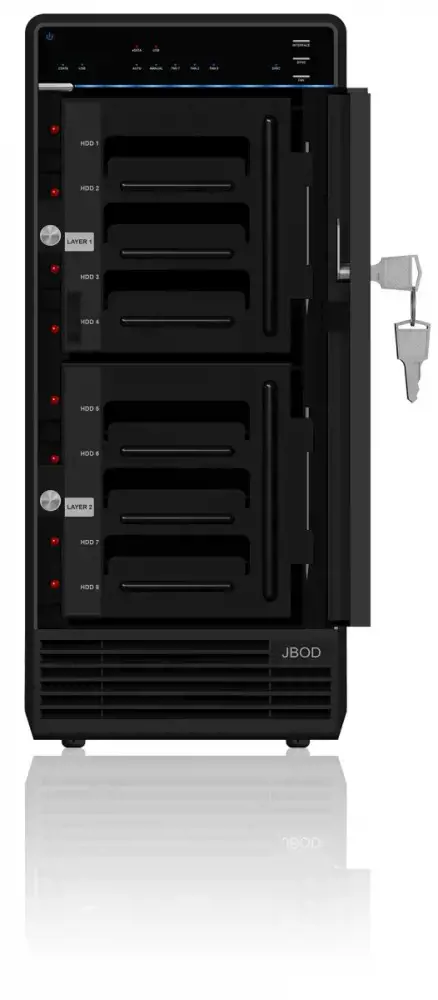 ICYBOX IB-3680SU3 "IcyBox" išorinis 3,5 standžiųjų diskų dėklas su 8 lizdais SATA I/II/III, USB 3.0, eSATA, JBOD, juodas