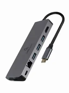 GEMBIRD A-CM-COMBO5-05 kelių prievadų adapteris USB tipo C 5in1 šakotuvas + HDMI + PD + kortelių skaitytuvas + LAN