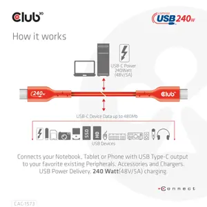 CLUB3D USB2 Type-C Bi-Directional Cable, Data 480Mb,PD 240W(48V/5A) EPR M/M 2m, 2 m, USB C, USB C, USB4 Gen 2x2, Red