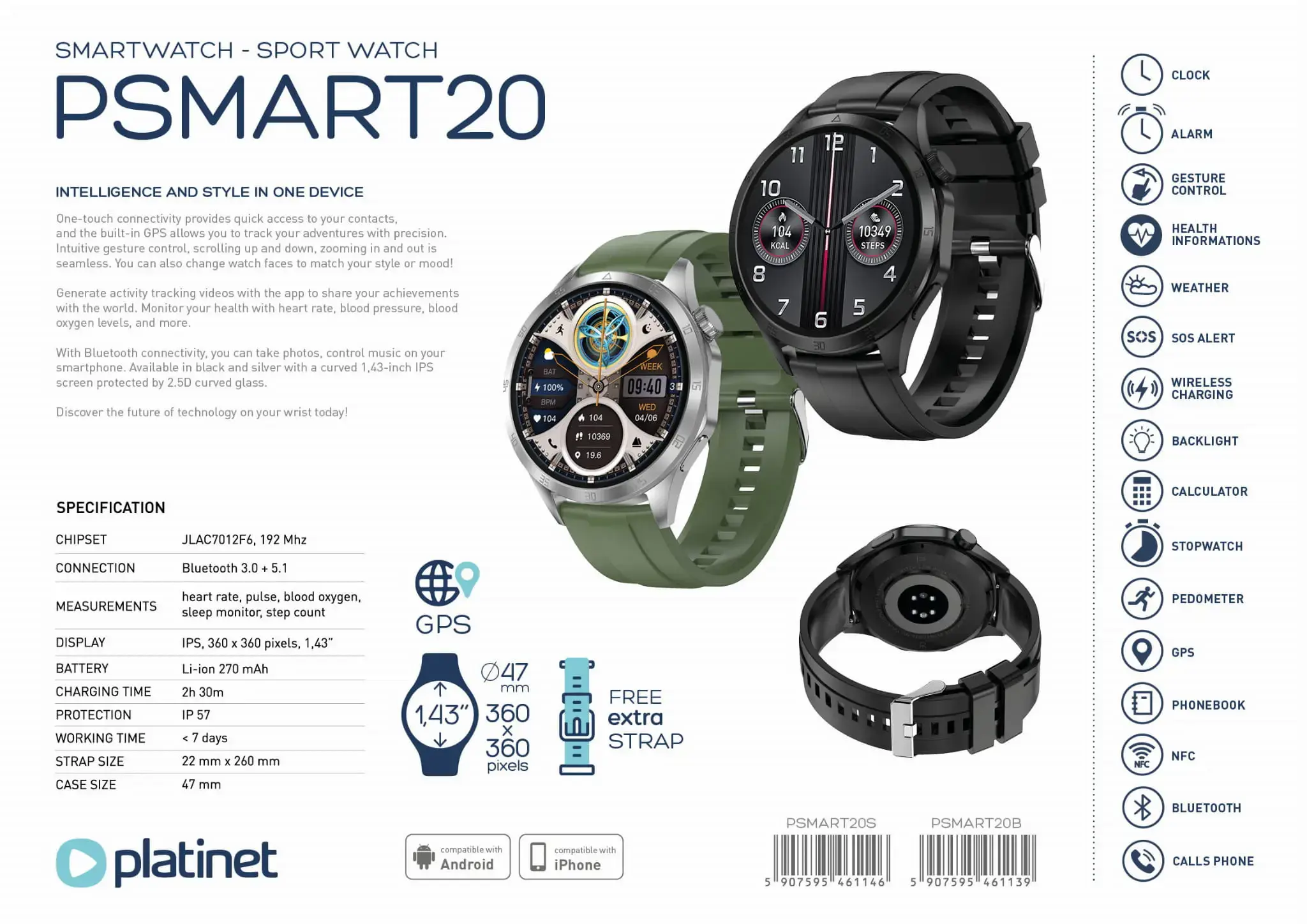 Platinet smartwatch PSMART20B, black (46113)