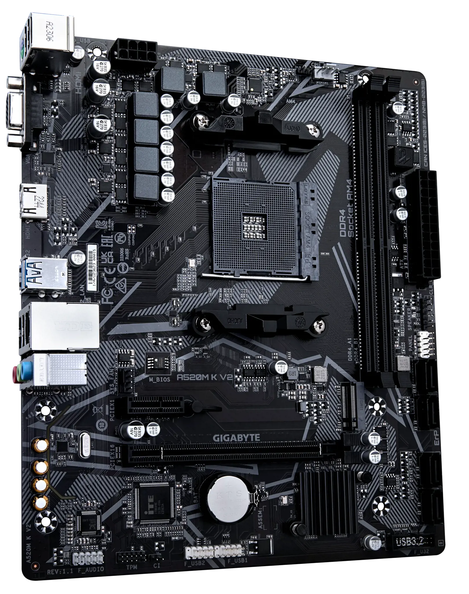 Gigabyte A520M K V2, AMD, "Socket AM4", "AMD Ryzen™ 3", "AMD Ryzen™ 5", "AMD Ryzen™ 7", 3 kartos "AMD Ryzen™ 9", "AMD Ryzen 9 5th Gen", "Socket AM4", DDR4-SDRAM, 64 GB