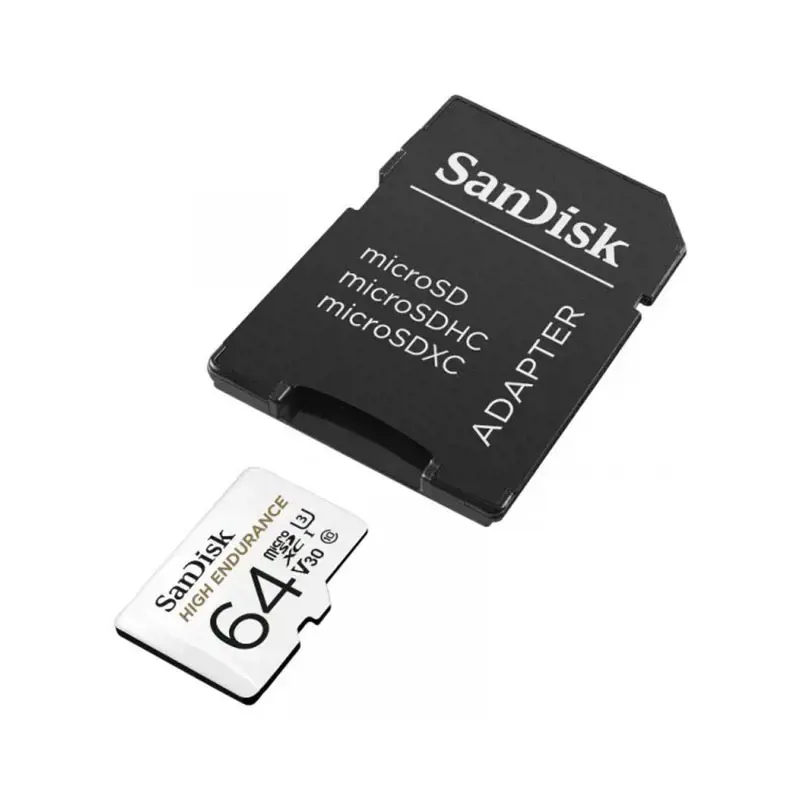 "SanDisk High Endurance microSDXC" 64 GB + SD adapteris - skirtas automobilinėms kameroms ir namų stebėjimui, iki 5000 valandų, "Full HD" / 4K vaizdo įrašai, iki 100/40 MB/s skaitymo / rašymo greitis, C10, U3, V30; EAN:619659173081