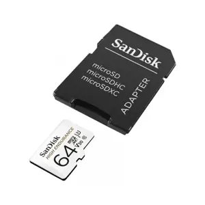 "SanDisk High Endurance microSDXC" 64 GB + SD adapteris - skirtas automobilinėms kameroms ir namų stebėjimui, iki 5000 valandų, "Full HD" / 4K vaizdo įrašai, iki 100/40 MB/s skaitymo / rašymo greitis, C10, U3, V30; EAN:619659173081