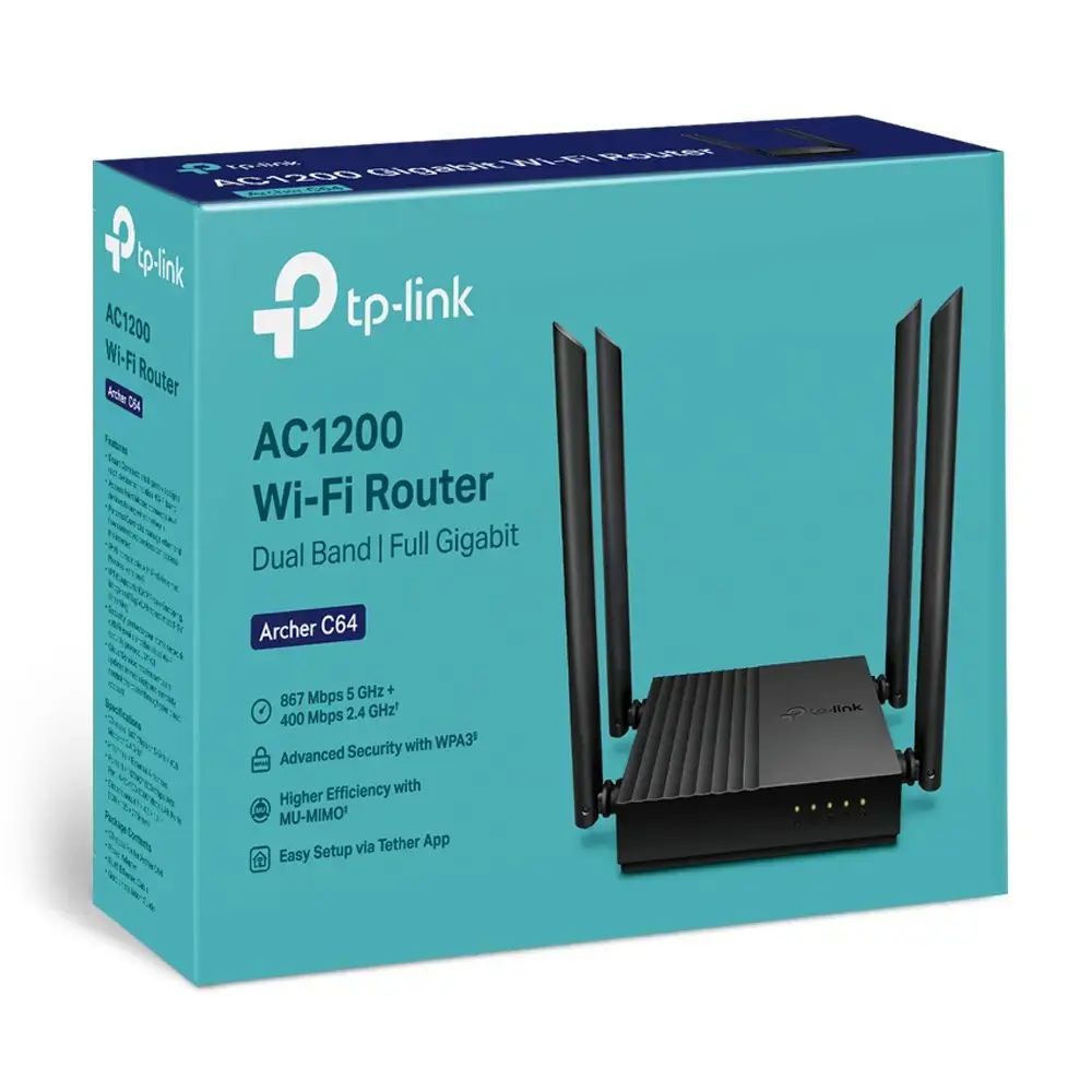 TP-Link Archer C64, Wi-Fi 5 (802.11ac), Dual-band (2.4 GHz / 5 GHz), Ethernet LAN, Black, Tabletop router
