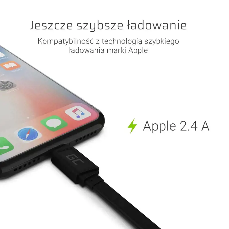 GREENCELL KABGC02 GCmatte Lightning plokščias 25 cm laidas su greituoju įkrovimu Apple 2,4A