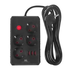 Maclean power strip, 4-socket extension cable + 3xUSB, 110-240V AC 50/60Hz, 2.1A max 2500W, 3m, bla…