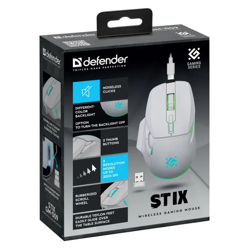 WIRELESS MOUSE DEFENDER STIX GM-009 RF WHITE 3200dpi 7P