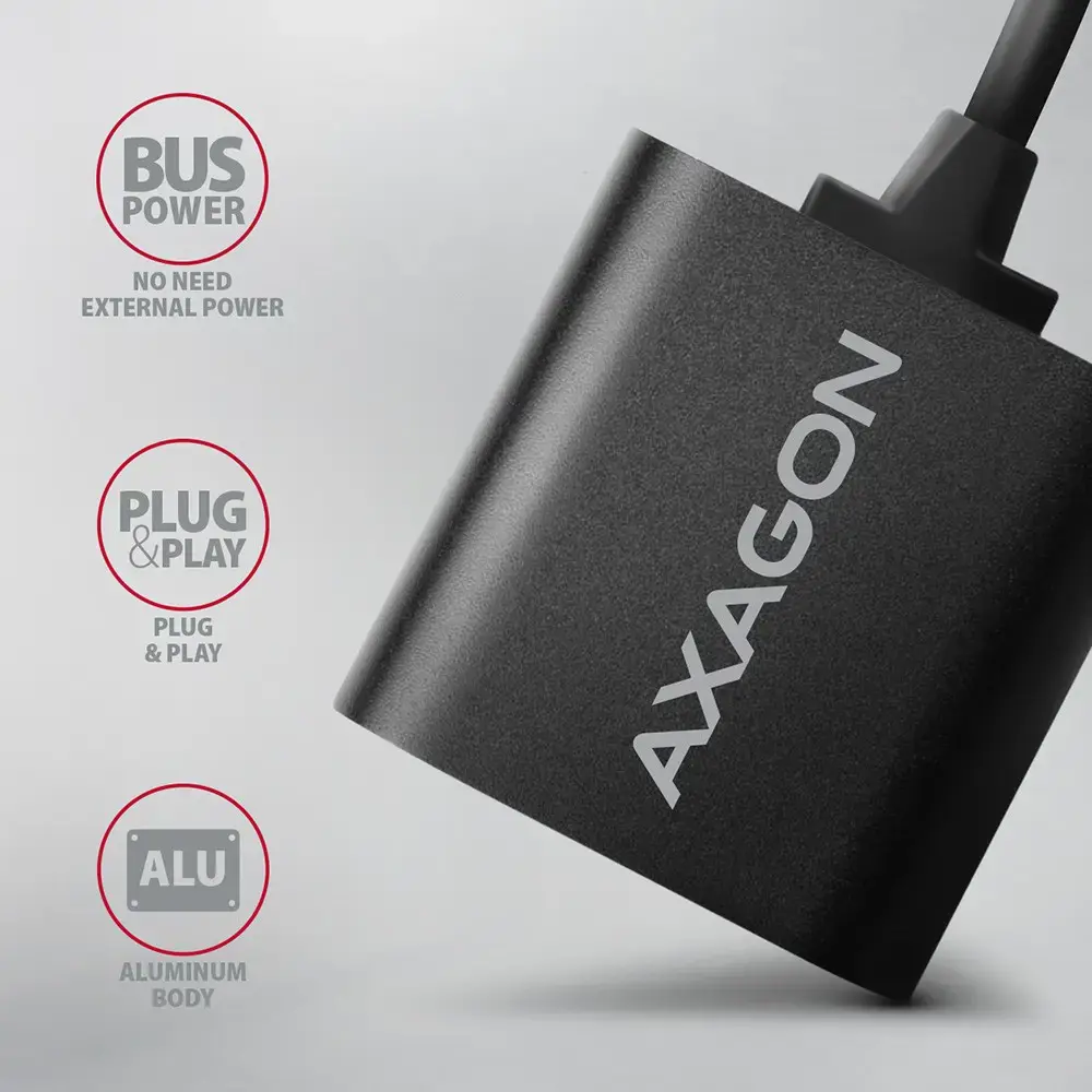 "Axagon" USB garso plokštė su 15 cm kabeliu ir metaliniu korpusu.