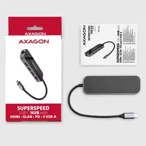 "Axagon" daugiaportis USB 3.2 Gen 1 šakotuvas. HDMI, Gigabit LAN ir "Power Delivery". 20 cm ilgio USB-C kabelis.