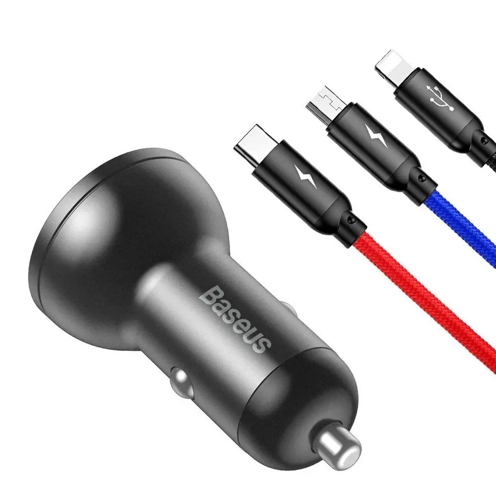 Baseus Digital Display Dual USB 4.8A Car Charger 24W + 3in1 USB - UBS Type C | micro USB | Lightning 1,2m cable black (TZCCBX-0G)