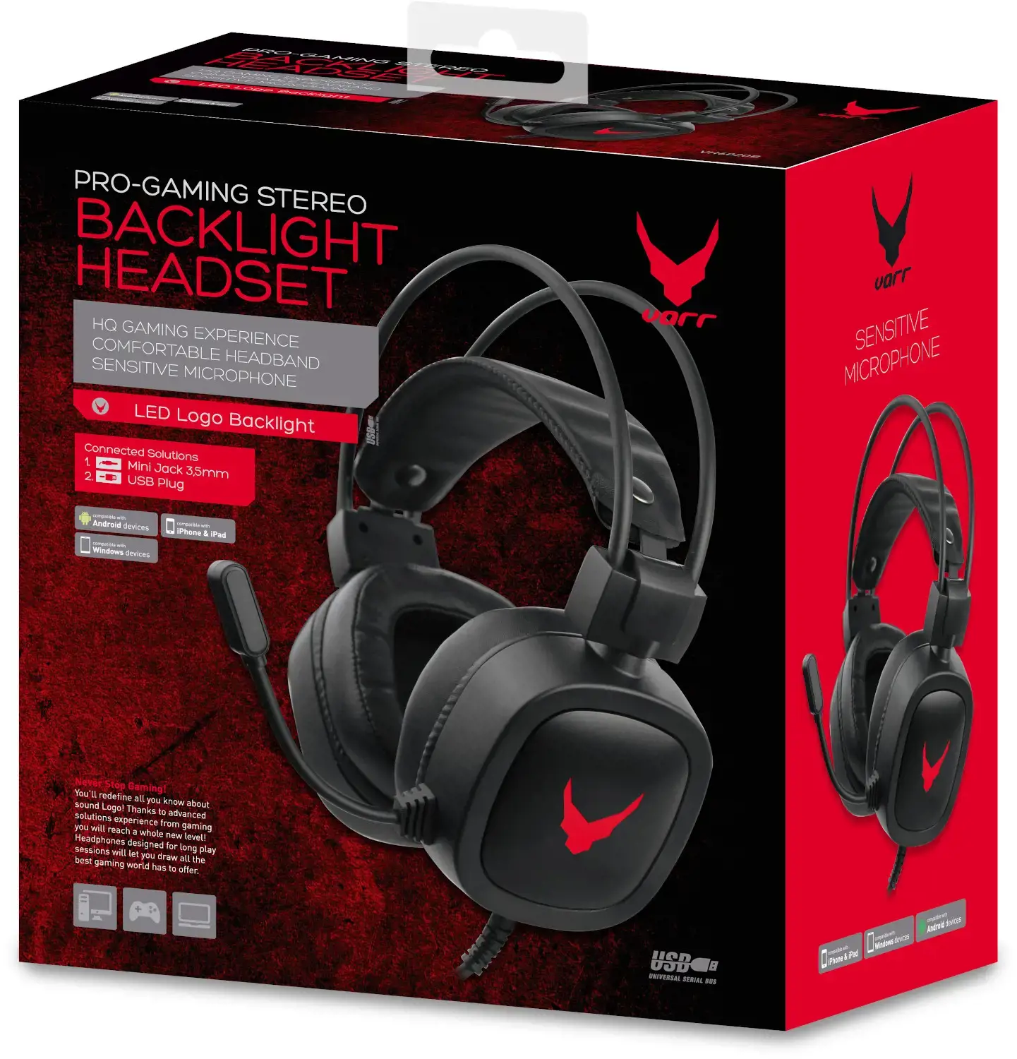 "Varr" žaidimų USB ausinės su įmontuotu mikrofonu, per ausis, LED apšvietimas, tvirtos, populiari USB-A jungtis, juodos/raudonos spalvos, 2 m kabelis, laidinės, žaidimų, 20-20000 Hz, ausinės, juodos, raudonos spalvos