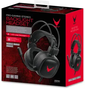 "Varr" žaidimų USB ausinės su įmontuotu mikrofonu, per ausis, LED apšvietimas, tvirtos, populiari USB-A jungtis, juodos/raudonos spalvos, 2 m kabelis, laidinės, žaidimų, 20-20000 Hz, ausinės, juodos, raudonos spalvos