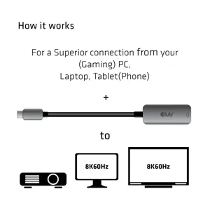 CLUB3D USB Type C to DisplayPort 1.4 8K60Hz HBR3 Active Adapter, USB Type-C, DisplayPort output, 7680 x 4320 pixels