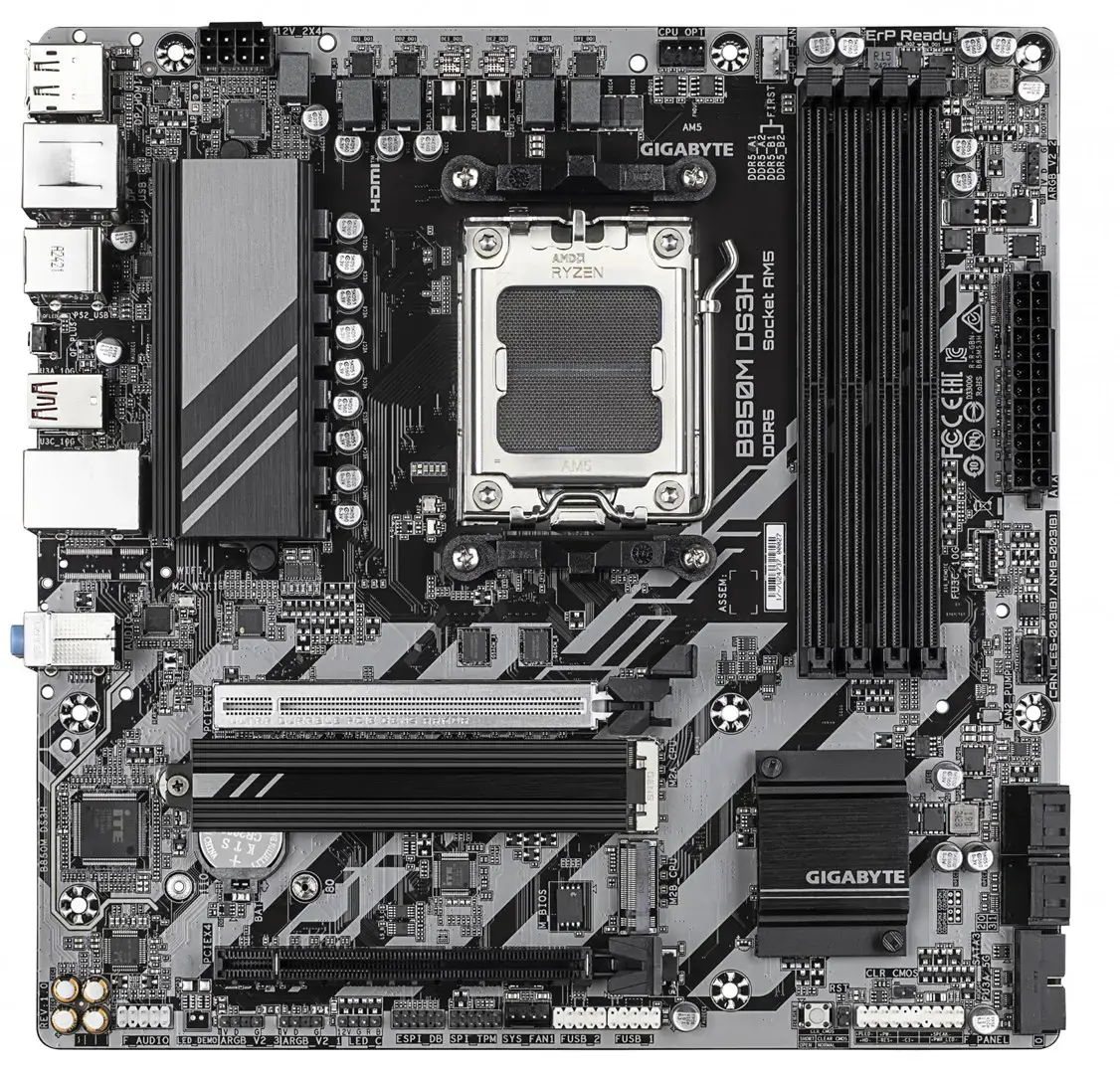 GIGABYTE B850M DS3H Motherboard - AMD Ryzen 9000 Series CPUs, 16+2+2 Phases Digital VRM, up to 8200MHz DDR5 (OC), 1xPCIe 5.0 + 1xPCIe 4.0 M.2, 2.5 LAN, USB 3.2 Gen 2