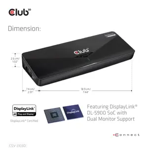 CLUB3D CSV-3103D The Club 3D Universal USB 3.1 Gen 1 UHD 4K Docking station DisplayLink™, Wired, USB 3.2 Gen 1 (3.1 Gen 1) Type-A, 1.4a, USB, 10,100,1000 Mbit/s, Black