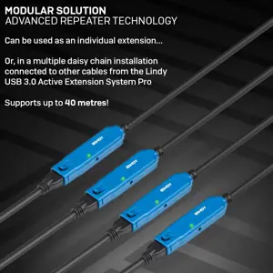 "Lindy" 15 m USB 3.0 aktyvusis ilgintuvas, 15 m, USB A, USB A, USB 3.2 Gen 1 (3.1 Gen 1), 5000 Mbps, juodas