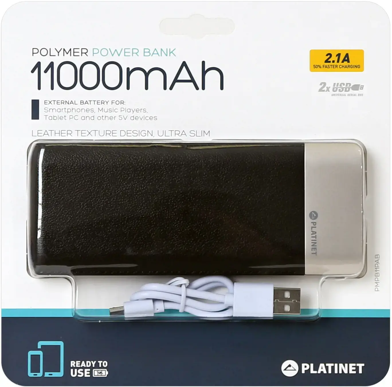 Platinet power bank Leather 11000mAh 2.1A 2xUSB Li-Po, black (43793)