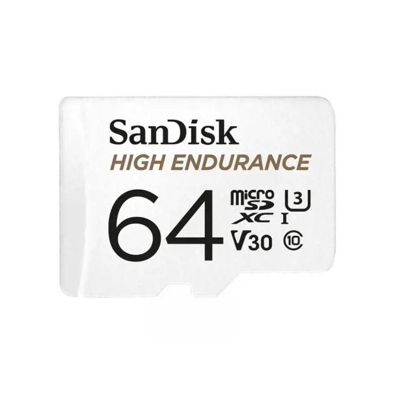 "SanDisk High Endurance microSDXC" 64 GB + SD adapteris - skirtas automobilinėms kameroms ir namų stebėjimui, iki 5000 valandų, "Full HD" / 4K vaizdo įrašai, iki 100/40 MB/s skaitymo / rašymo greitis, C10, U3, V30; EAN:619659173081