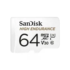 "SanDisk High Endurance microSDXC" 64 GB + SD adapteris - skirtas automobilinėms kameroms ir namų stebėjimui, iki 5000 valandų, "Full HD" / 4K vaizdo įrašai, iki 100/40 MB/s skaitymo / rašymo greitis, C10, U3, V30; EAN:619659173081