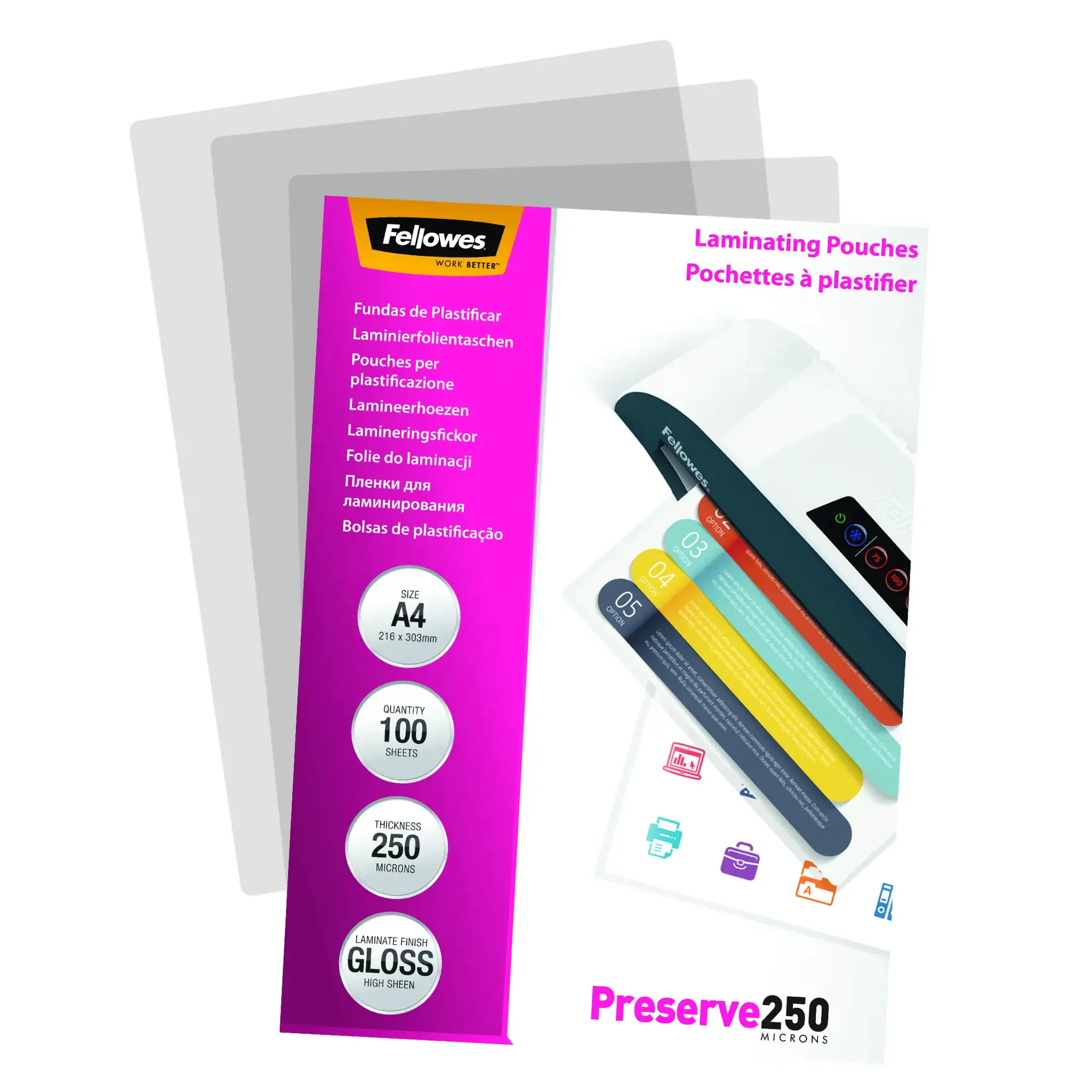 "Fellowes" A4 blizgus 250 mikronų laminavimo maišelis - 100 pakuočių, permatomas, blizgus, A4, 0,25 mm, 210 mm, 1 mm