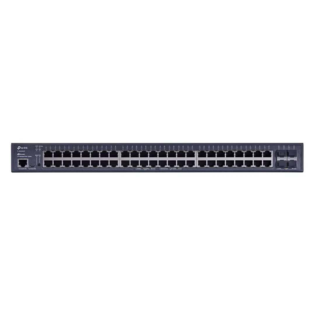 "TP-Link JetStream" 48 prievadų "Gigabit" ir 4 prievadų 10GE SFP+ L2+ valdomas komutatorius su 48 prievadais PoE+, valdomas, L2+, Gigabit Ethernet (10/100/1000), maitinimas per Ethernet (PoE), montuojamas stove, 1U