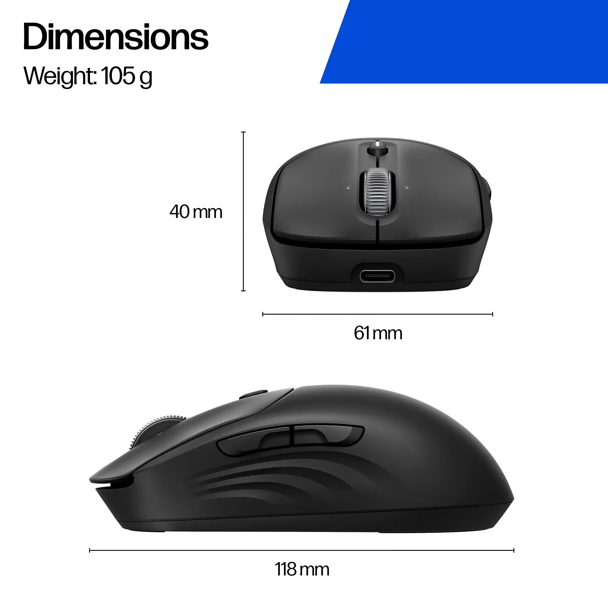 HP 705 Super Capacitor Wireless Mouse - Multi-Device, Programmable, 4-way scrolling, Ultra-Fast Rechargeable, Multi Surface, 6000 dpi - Black