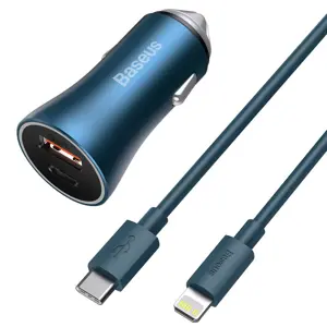 Baseus Golden Contactor Pro car charger, USB + USB-C, QC4.0+, PD, SCP, 40W (blue) + USB-C - Lightni…