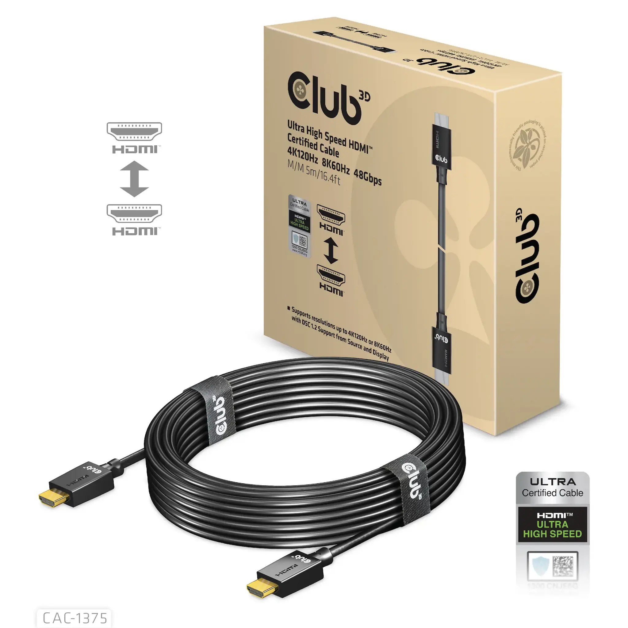 CLUB3D Ultra High Speed HDMI™ Certified Cable 4K120Hz 8K60Hz 48Gbps M/M 5m/16.4ft, 5 m, HDMI Type A (Standard), HDMI Type A (Standard), 48 Gbit/s, Audio Return Channel (ARC), Black