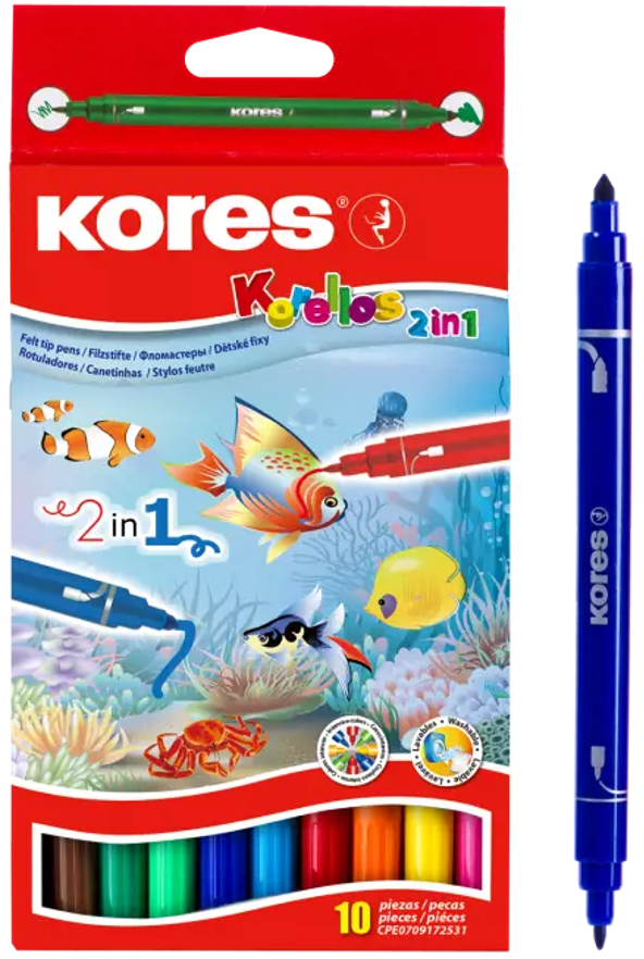 Flomasteriai dvipusiai KORES KORELLO 2 in 1, 10 vnt., dvipusiai