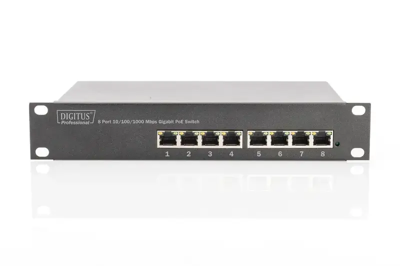 DIGITUS 10 colių 8 prievadų Gigabit Ethernet PoE komutatorius 8 x 10/100/1000Mbps RJ45 PoE 96W su 10 colių laikikliais