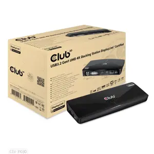 CLUB3D CSV-3103D The Club 3D Universal USB 3.1 Gen 1 UHD 4K Docking station DisplayLink™, Wired, USB 3.2 Gen 1 (3.1 Gen 1) Type-A, 1.4a, USB, 10,100,1000 Mbit/s, Black